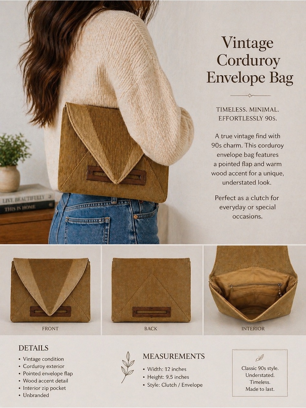 Vintage Corduroy Envelope Clutch Brown Tan Wood Detail 90s Boho